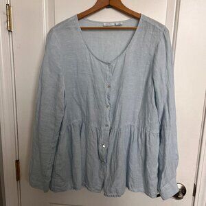 Linen Sigrid Olsen Blouse Womens Large Blue Button Up Peplum Chambray Coastal